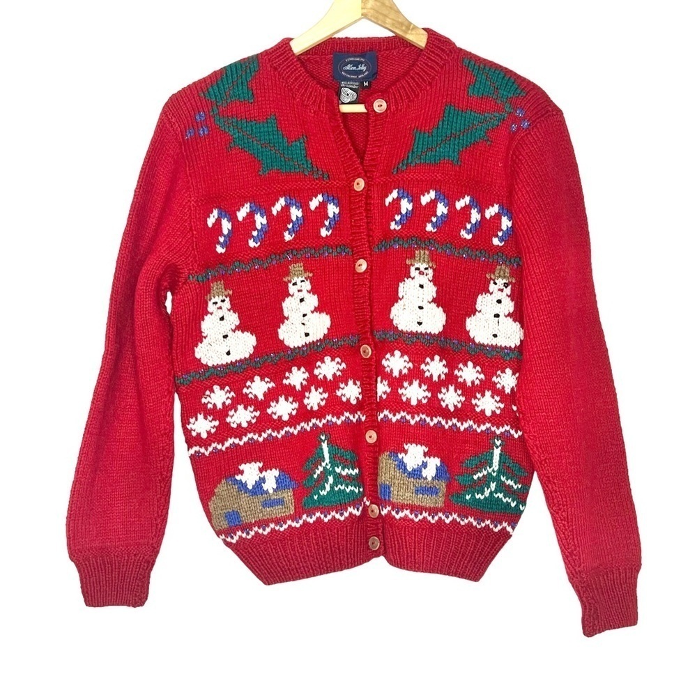 Vintage Allen Jolly Christmas Novelty 100% Wool Cardigan